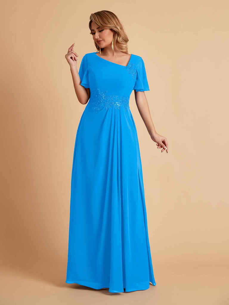 Elegant A-Line Chiffon Short Sleeves V-Neck Mother of the Brides Dresses Online