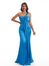 Elegant One Shoulder Mermaid Satin Ruched Unique Long Bridesmaid Dresses