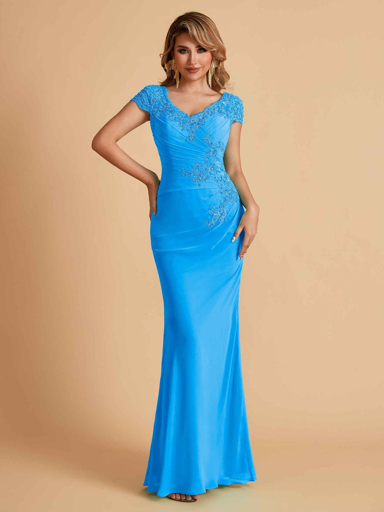 Elegant Mermaid Chiffon Cap Sleeves V-Neck Lace Mother of the Brides Dresses Online UK