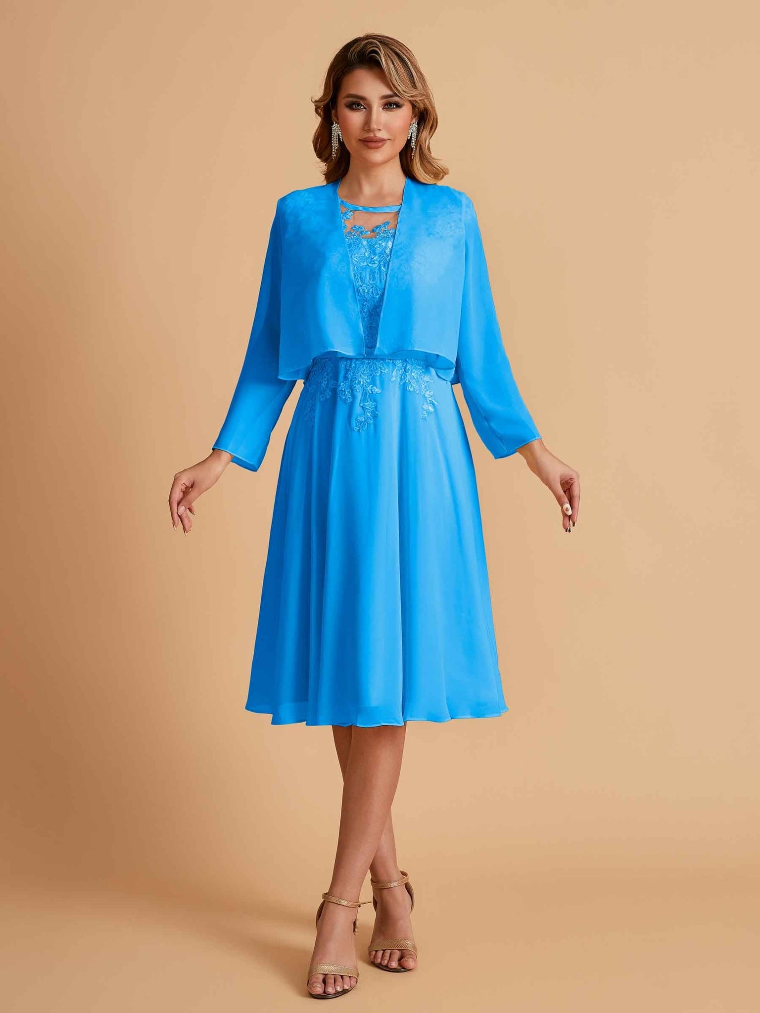 Elegant A-line Chiffon Jewel Lace Short Mother of the Brides Dresses Uk and Jacket