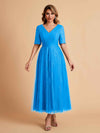 Elegant A-line Short Sleeves Tulle Lace V-neck Maxi Mother of the Brides Dresses Online UK