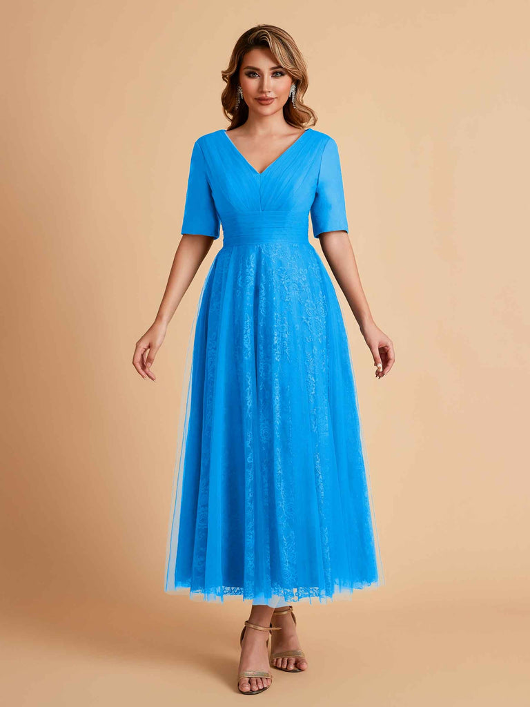 Elegant A-line Short Sleeves Tulle Lace V-neck Maxi Mother of the Brides Dresses Online UK