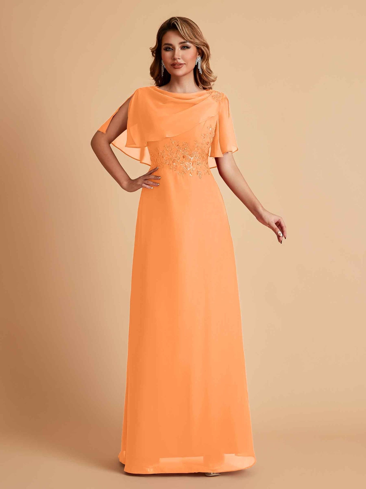 Elegant A-Line Chiffon Half Sleeves Cowl Neck Mother of the Brides Dresses Online UK