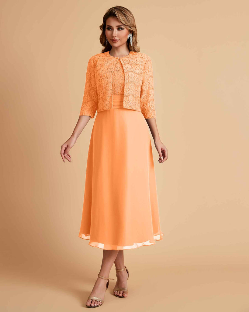Elegant A-line Bateau Sleeveless Tea Length Short Mother of the Brides Dresses and Jacket