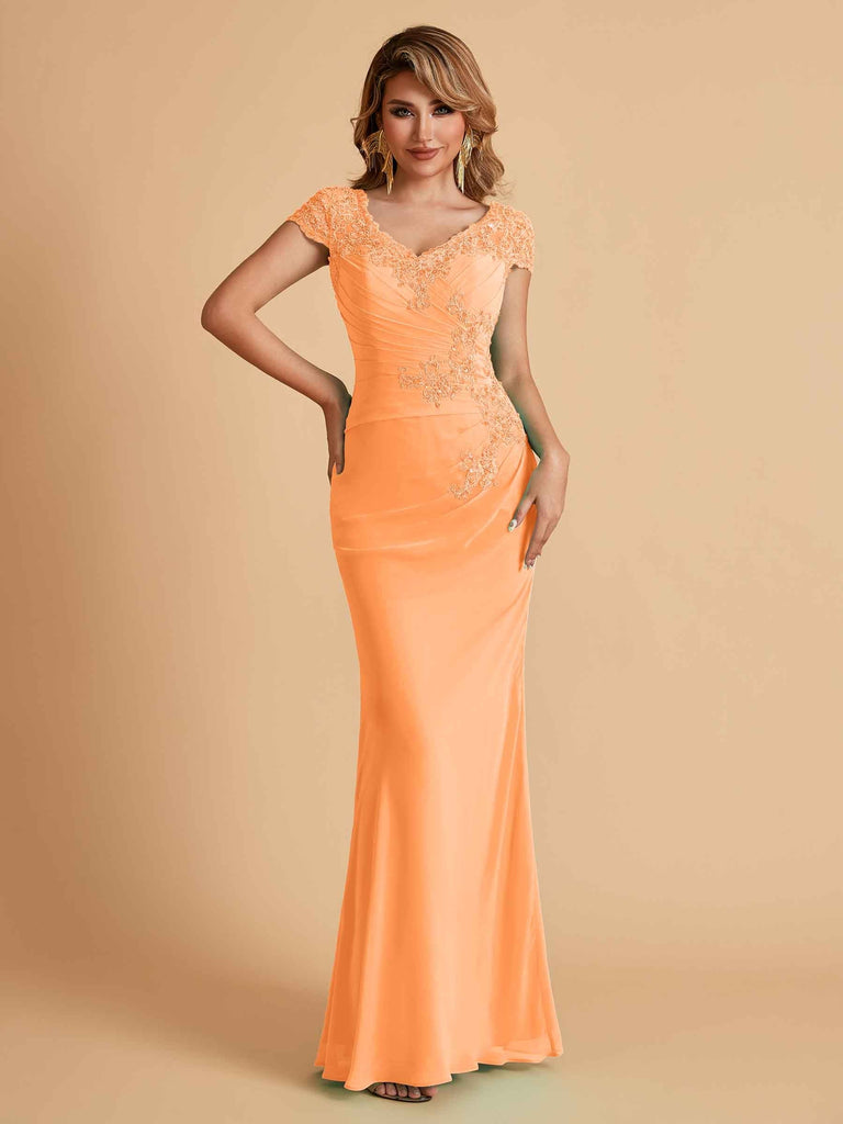 Elegant Mermaid Chiffon Cap Sleeves V-Neck Lace Mother of the Brides Dresses Online UK