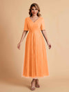 Elegant A-line Short Sleeves Tulle Lace V-neck Maxi Mother of the Brides Dresses Online UK