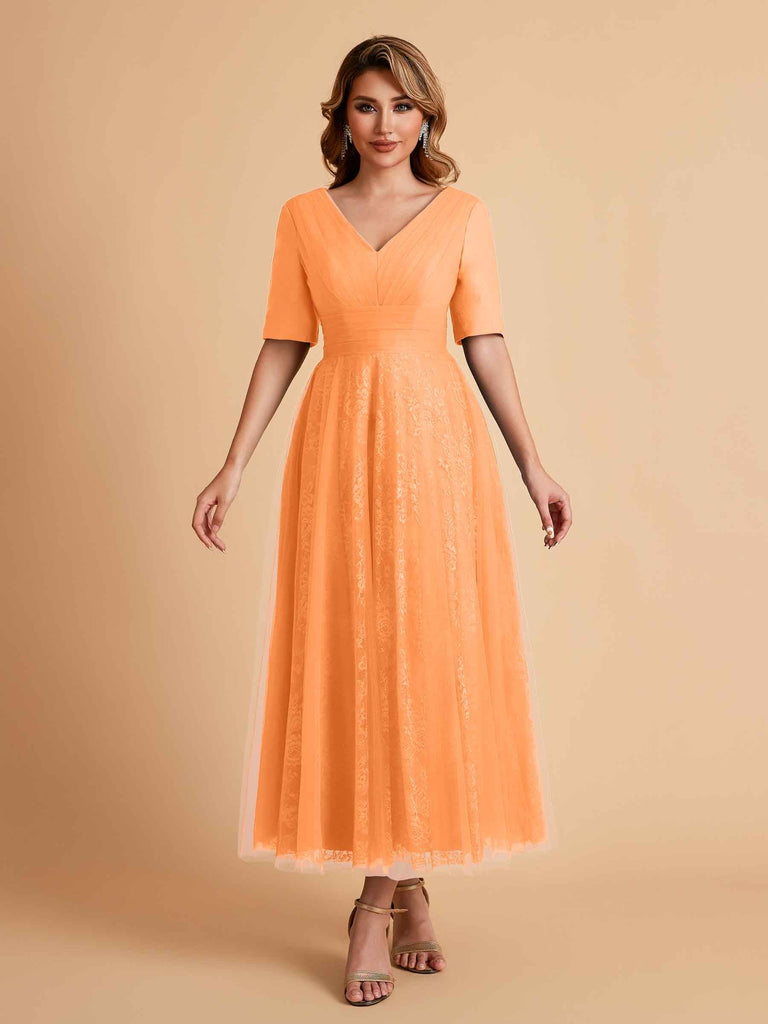 Elegant A-line Short Sleeves Tulle Lace V-neck Maxi Mother of the Brides Dresses Online UK