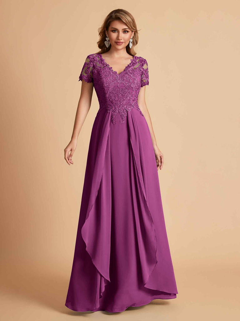 Chiffon Short Sleeves V-neck Lace Mother of the Brides Dresses UK