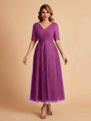 Elegant A-line Short Sleeves Tulle Lace V-neck Maxi Mother of the Brides Dresses Online UK