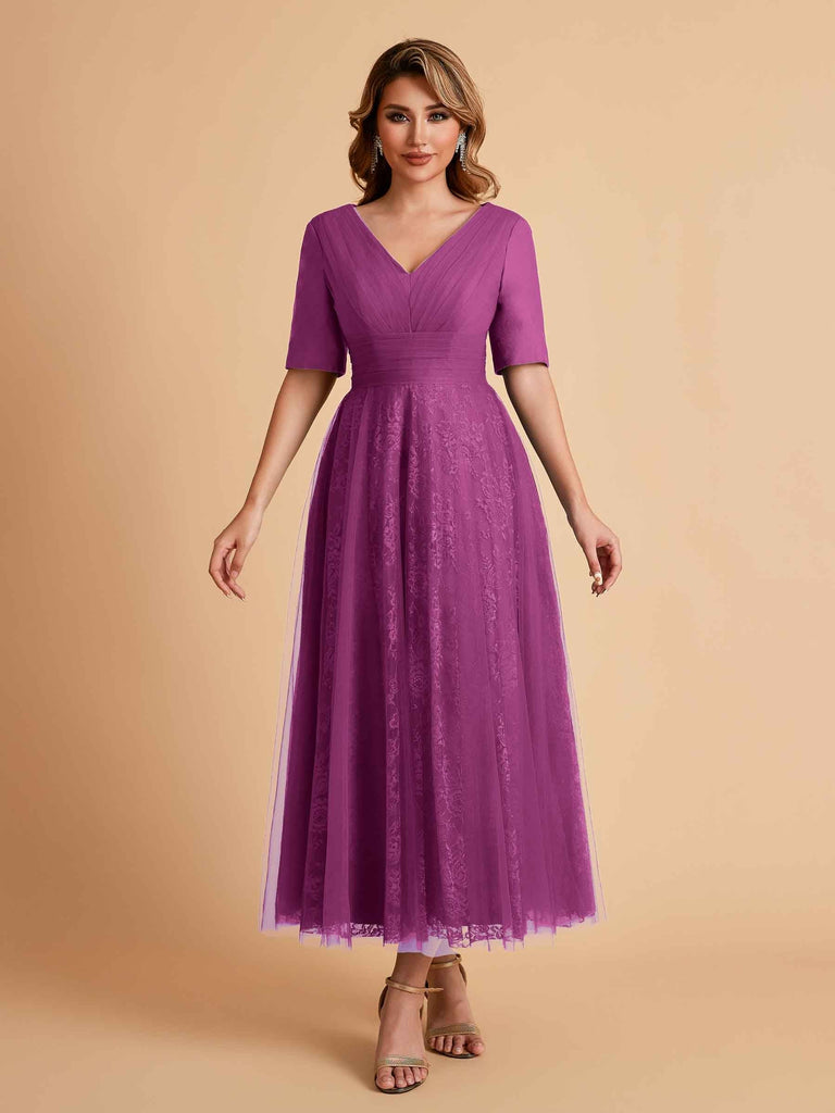 Elegant A-line Short Sleeves Tulle Lace V-neck Maxi Mother of the Brides Dresses Online UK