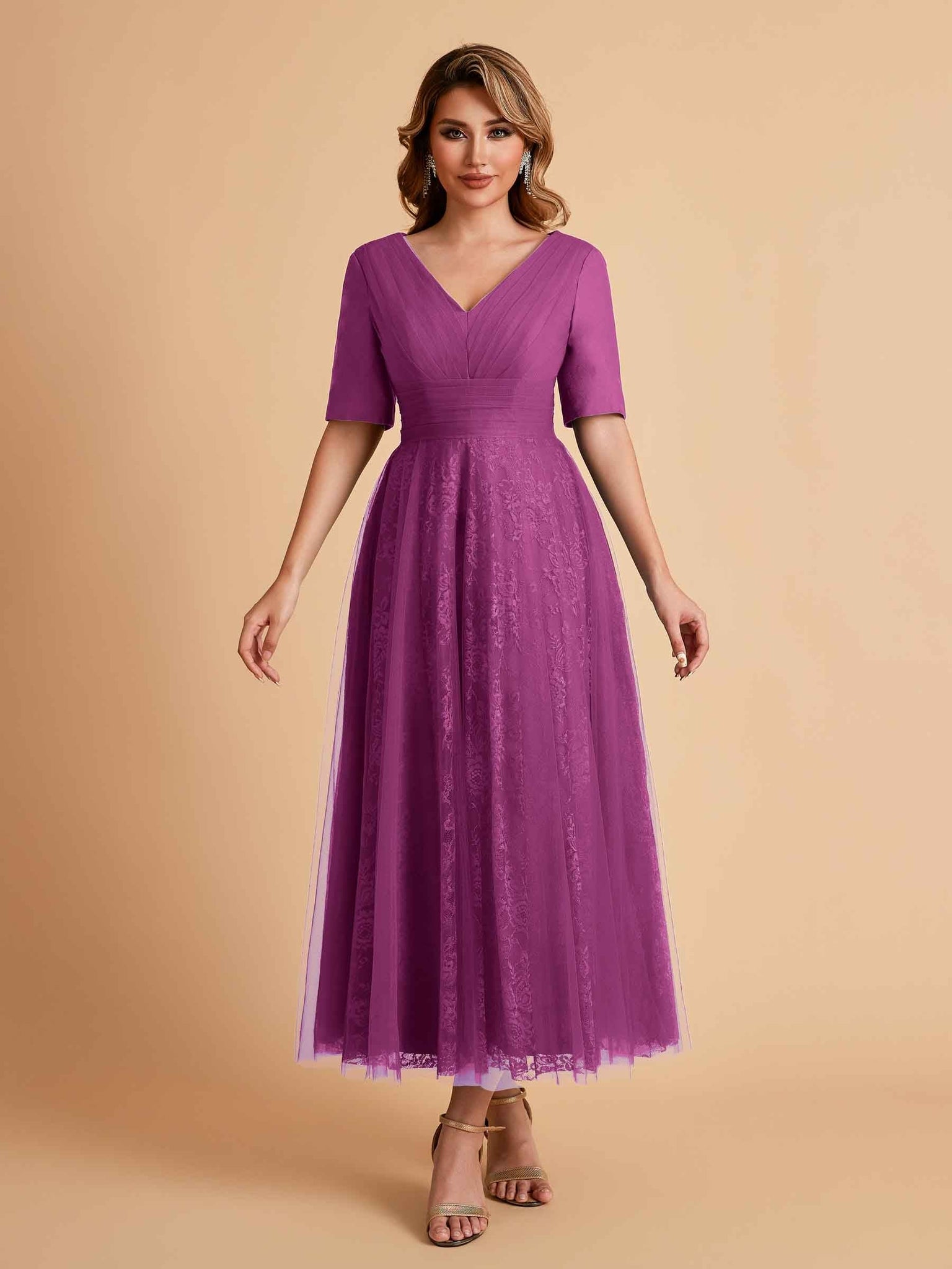 Elegant A-line Short Sleeves Tulle Lace V-neck Maxi Mother of the Brides Dresses Online UK