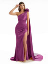 Sexy Side Split One Shoulder Mermaid Long Bridesmaid Dresses In Satin