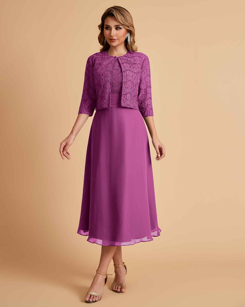 Elegant A-line Bateau Sleeveless Tea Length Short Mother of the Brides Dresses and Jacket