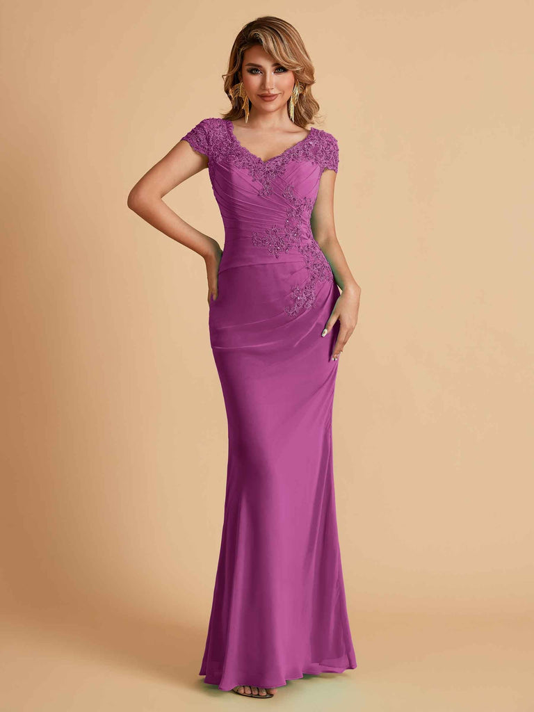 Elegant Mermaid Chiffon Cap Sleeves V-Neck Lace Mother of the Brides Dresses Online UK