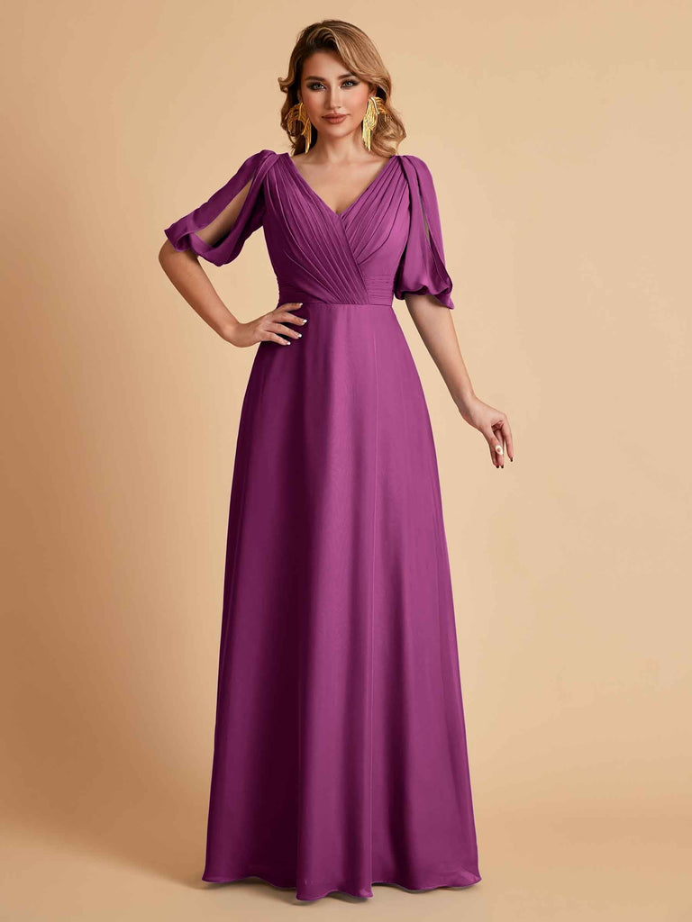 Elegant Chiffon Half Sleeves V-Neck Mother of the Brides Dresses UK Online