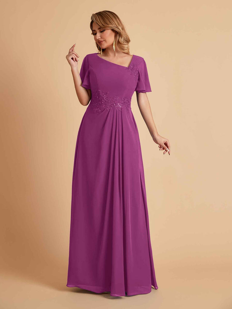 Elegant A-Line Chiffon Short Sleeves V-Neck Mother of the Brides Dresses Online
