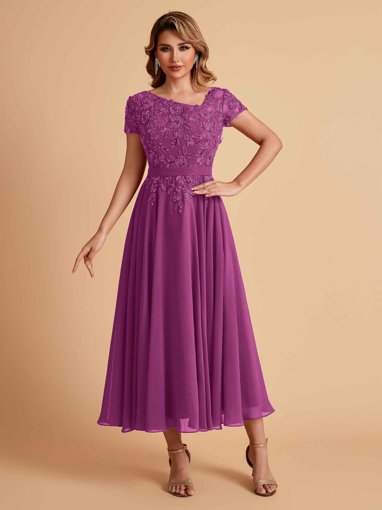 Elegant Chiffon Short Sleeves Short Midi Mother of the Brides Dresses UK Online