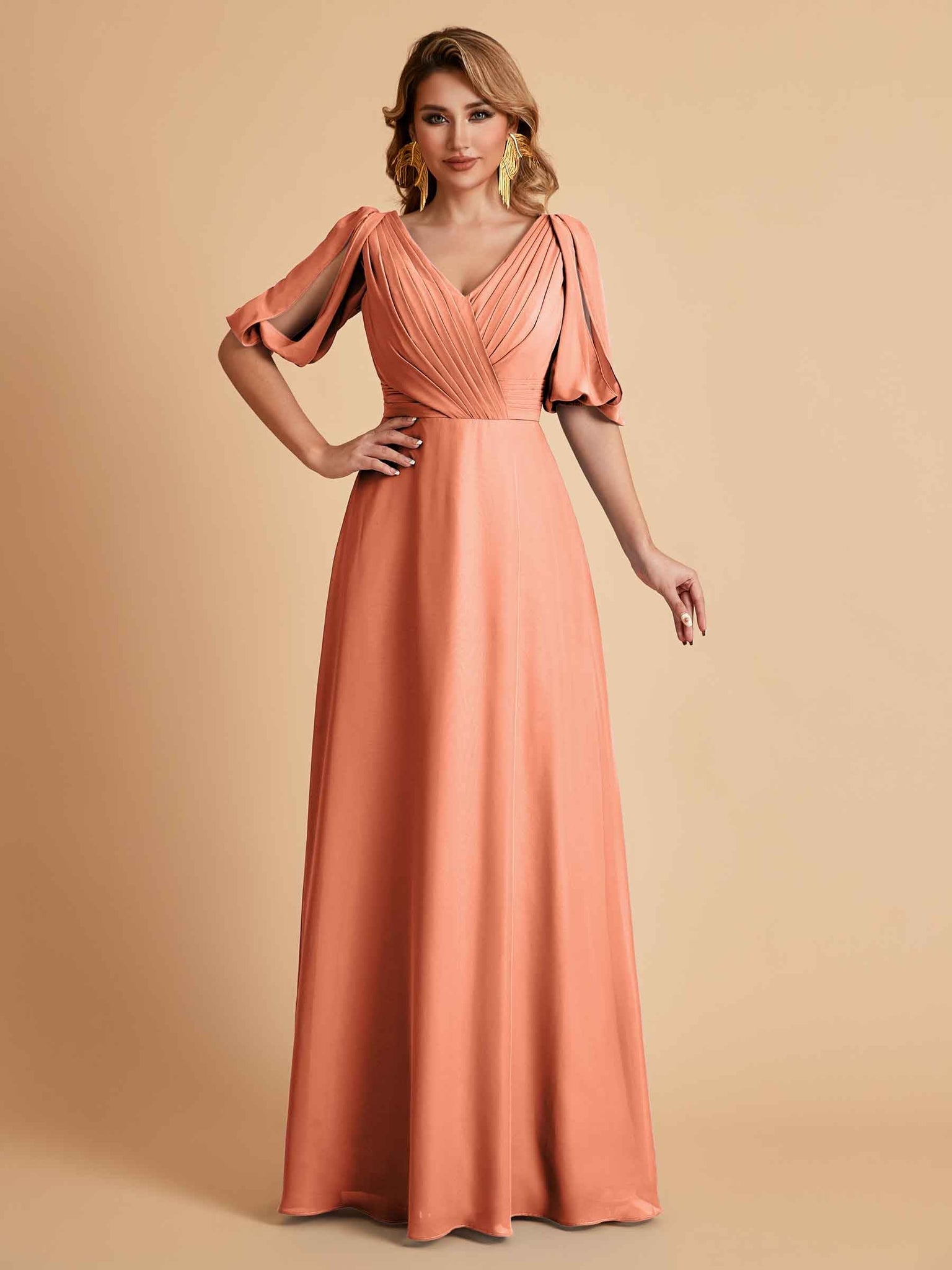 Elegant Chiffon Half Sleeves V-Neck Mother of the Brides Dresses UK Online