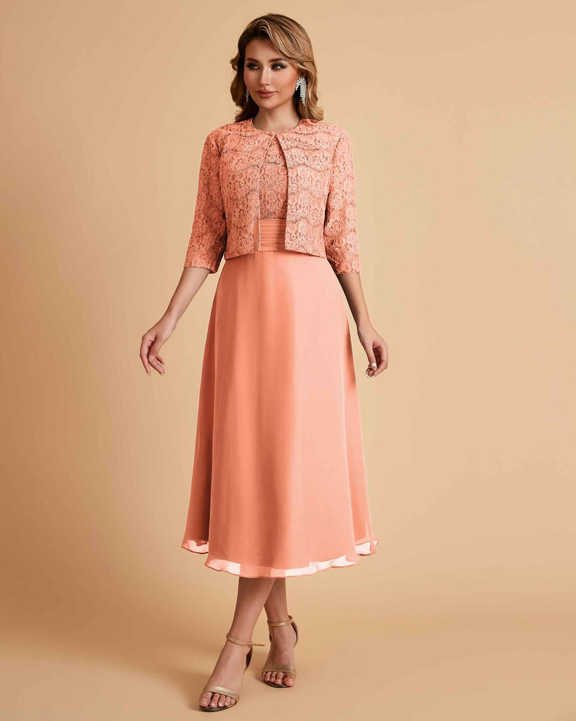 Elegant A-line Bateau Sleeveless Tea Length Short Mother of the Brides Dresses and Jacket