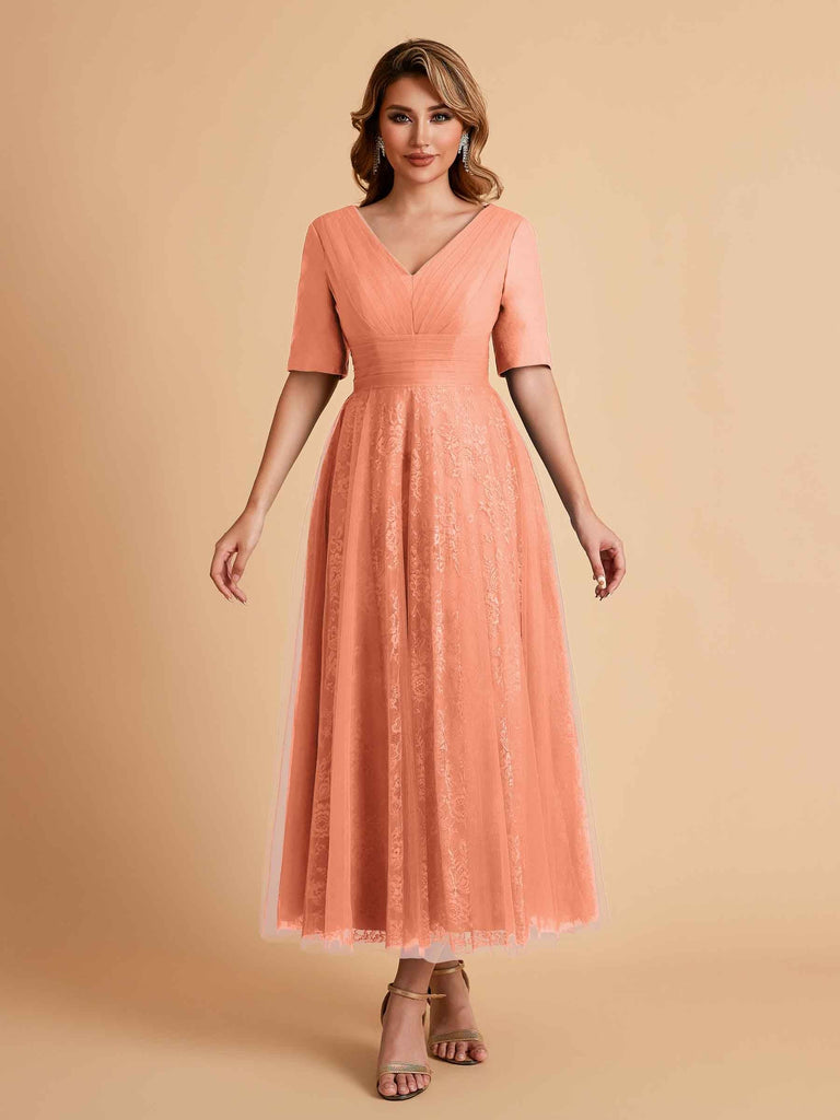 Elegant A-line Short Sleeves Tulle Lace V-neck Maxi Mother of the Brides Dresses Online UK
