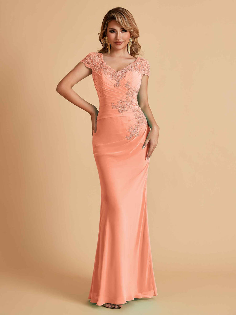 Elegant Mermaid Chiffon Cap Sleeves V-Neck Lace Mother of the Brides Dresses Online UK