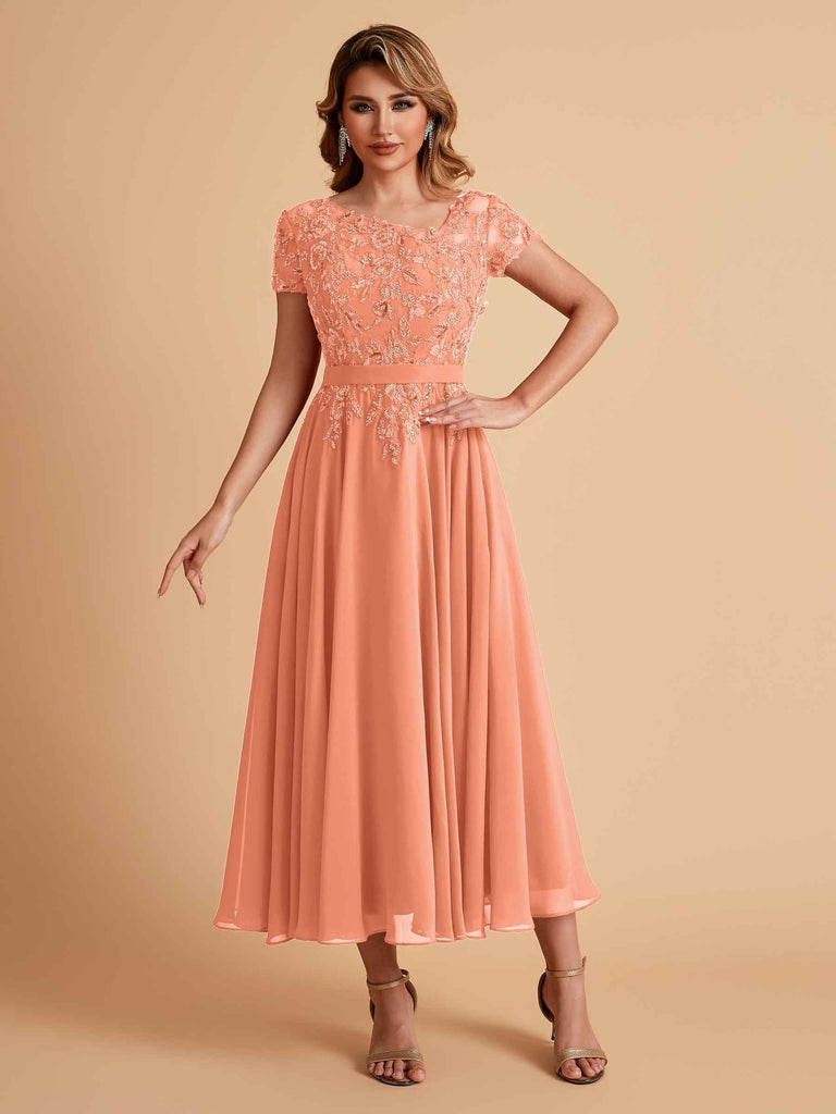 Elegant Chiffon Short Sleeves Short Midi Mother of the Brides Dresses UK Online