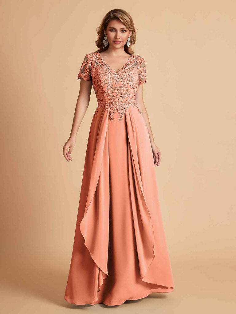 Chiffon Short Sleeves V-neck Lace Mother of the Brides Dresses UK
