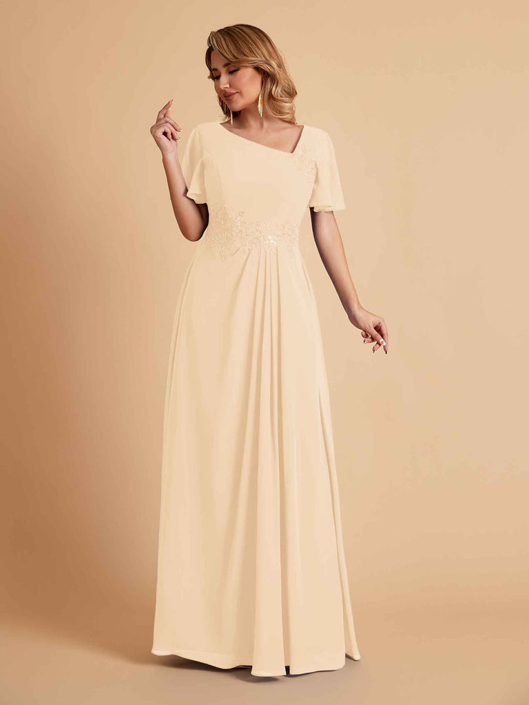 Elegant A-Line Chiffon Short Sleeves V-Neck Mother of the Brides Dresses Online