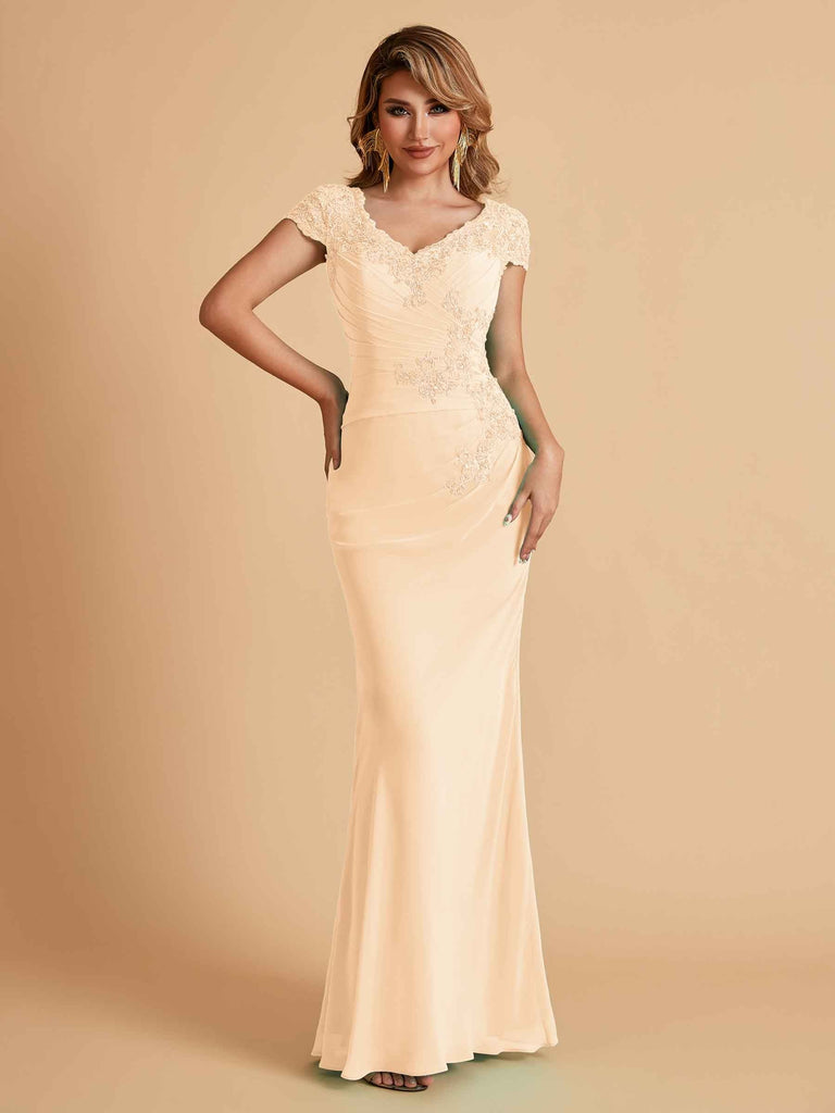 Elegant Mermaid Chiffon Cap Sleeves V-Neck Lace Mother of the Brides Dresses Online UK