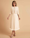 Elegant A-line Bateau Sleeveless Tea Length Short Mother of the Brides Dresses and Jacket