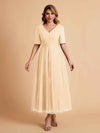 Elegant A-line Short Sleeves Tulle Lace V-neck Maxi Mother of the Brides Dresses Online UK