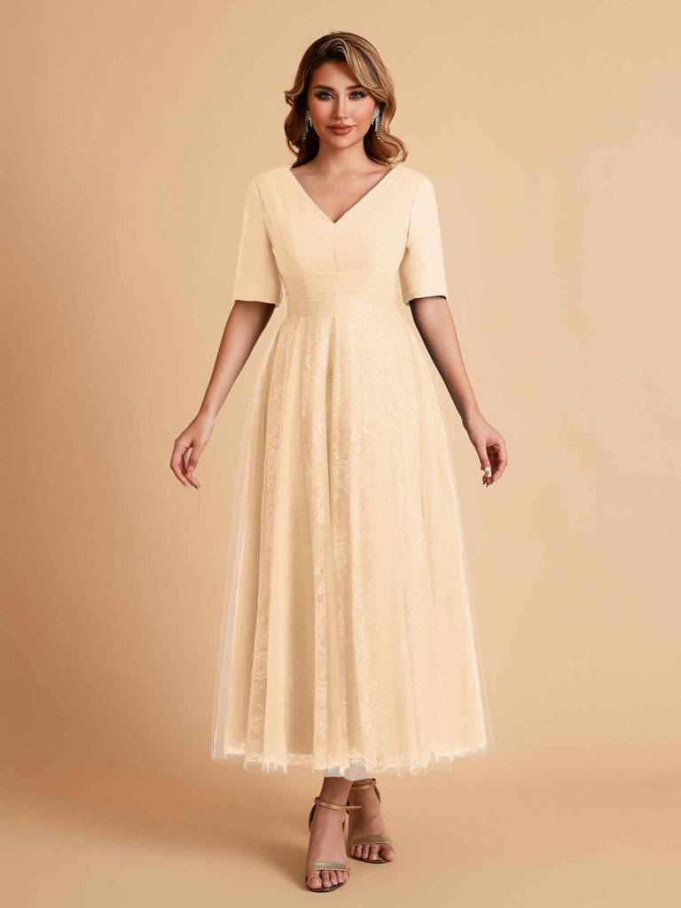 Elegant A-line Short Sleeves Tulle Lace V-neck Maxi Mother of the Brides Dresses Online UK