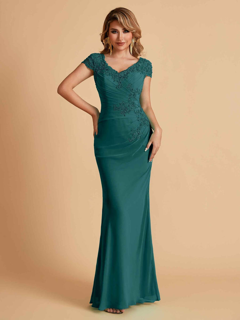 Elegant Mermaid Chiffon Cap Sleeves V-Neck Lace Mother of the Brides Dresses Online UK