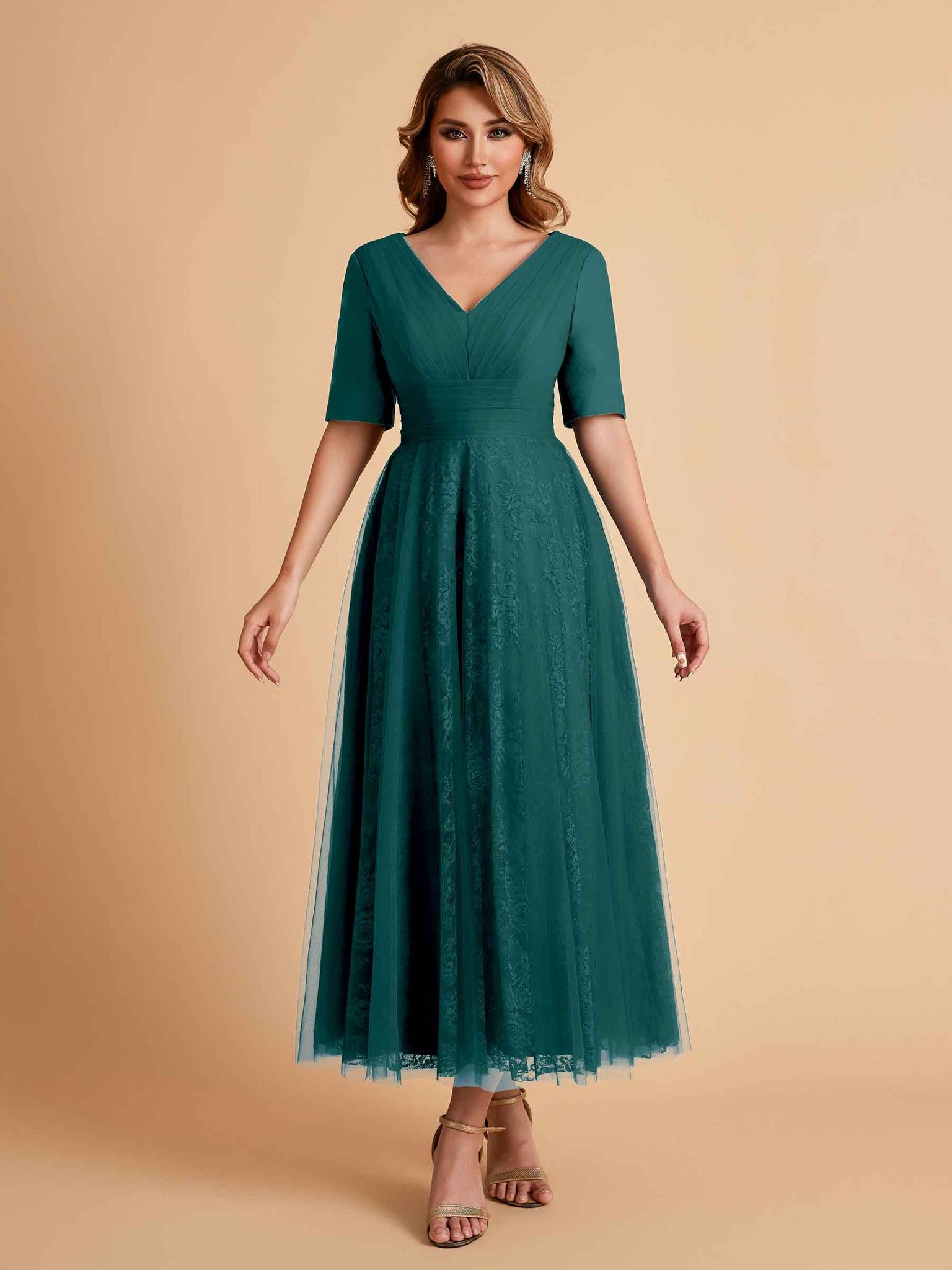 Elegant A-line Short Sleeves Tulle Lace V-neck Maxi Mother of the Brides Dresses Online UK
