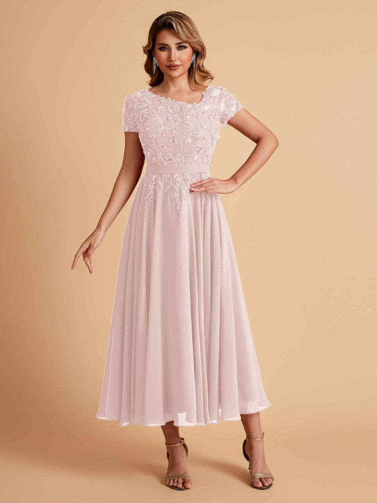 Elegant Chiffon Short Sleeves Short Midi Mother of the Brides Dresses UK Online