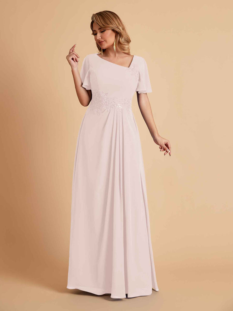 Elegant A-Line Chiffon Short Sleeves V-Neck Mother of the Brides Dresses Online