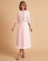 Elegant A-line Bateau Sleeveless Tea Length Short Mother of the Brides Dresses and Jacket
