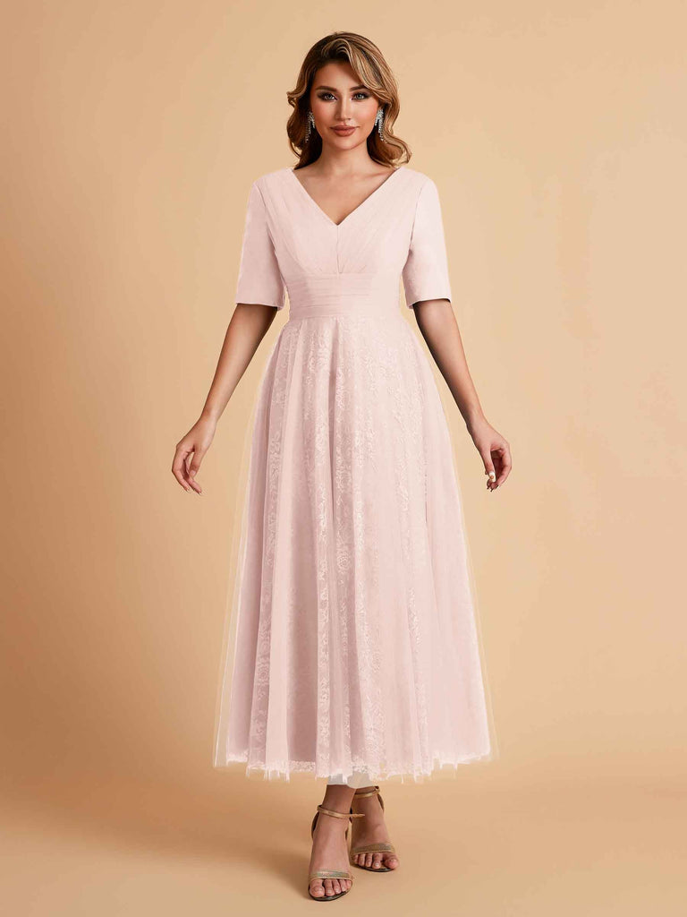 Elegant A-line Short Sleeves Tulle Lace V-neck Maxi Mother of the Brides Dresses Online UK