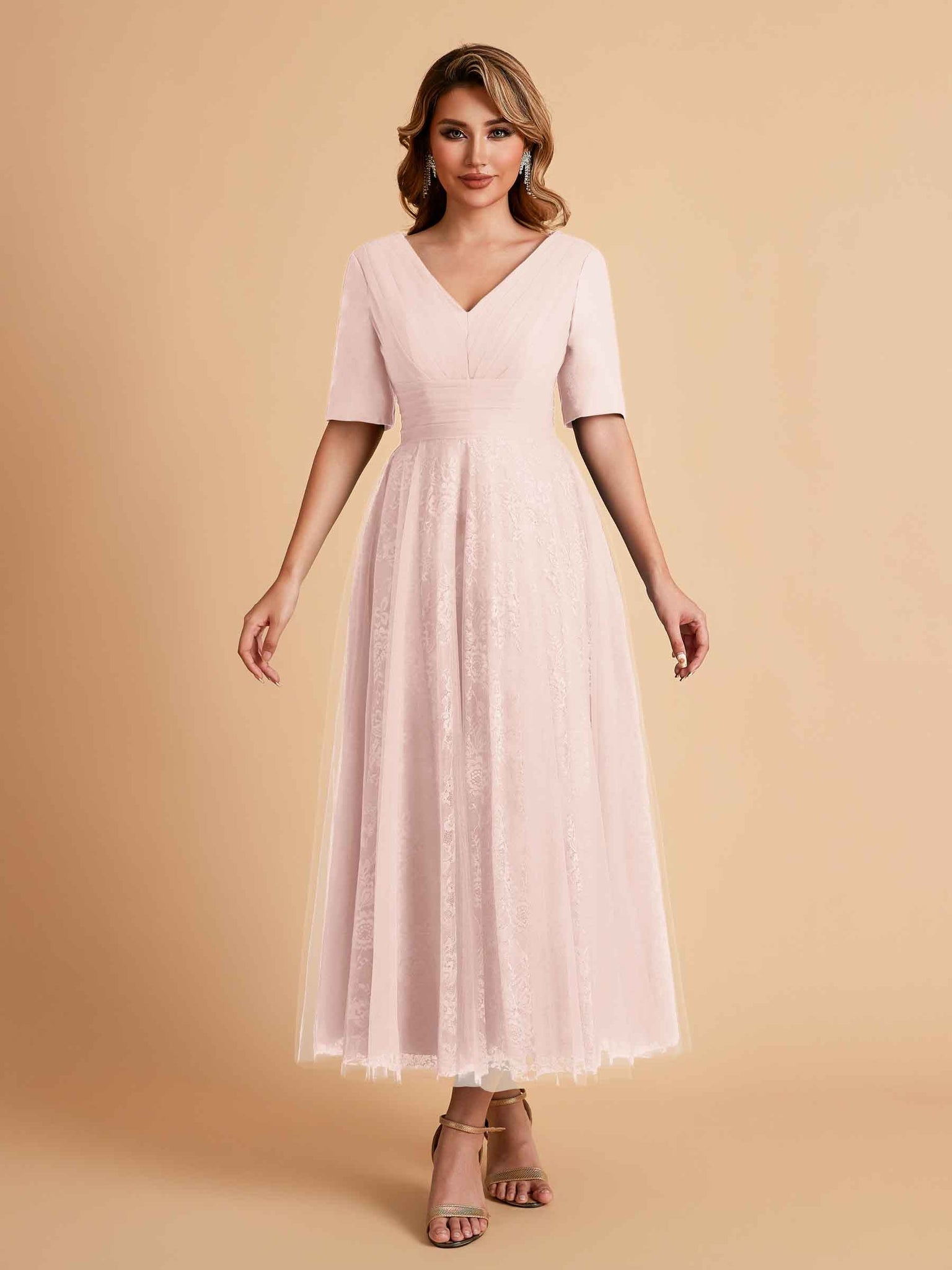 Elegant A-line Short Sleeves Tulle Lace V-neck Maxi Mother of the Brides Dresses Online UK