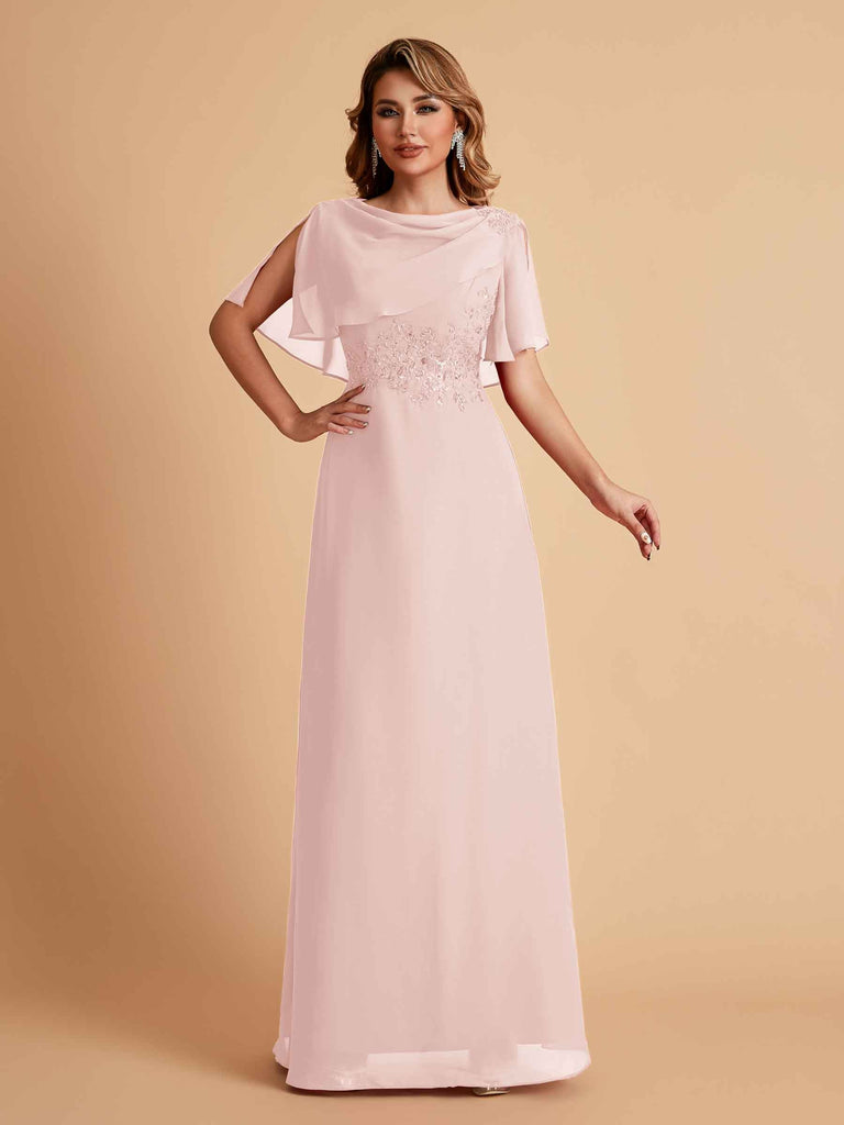 Elegant A-Line Chiffon Half Sleeves Cowl Neck Mother of the Brides Dresses Online UK