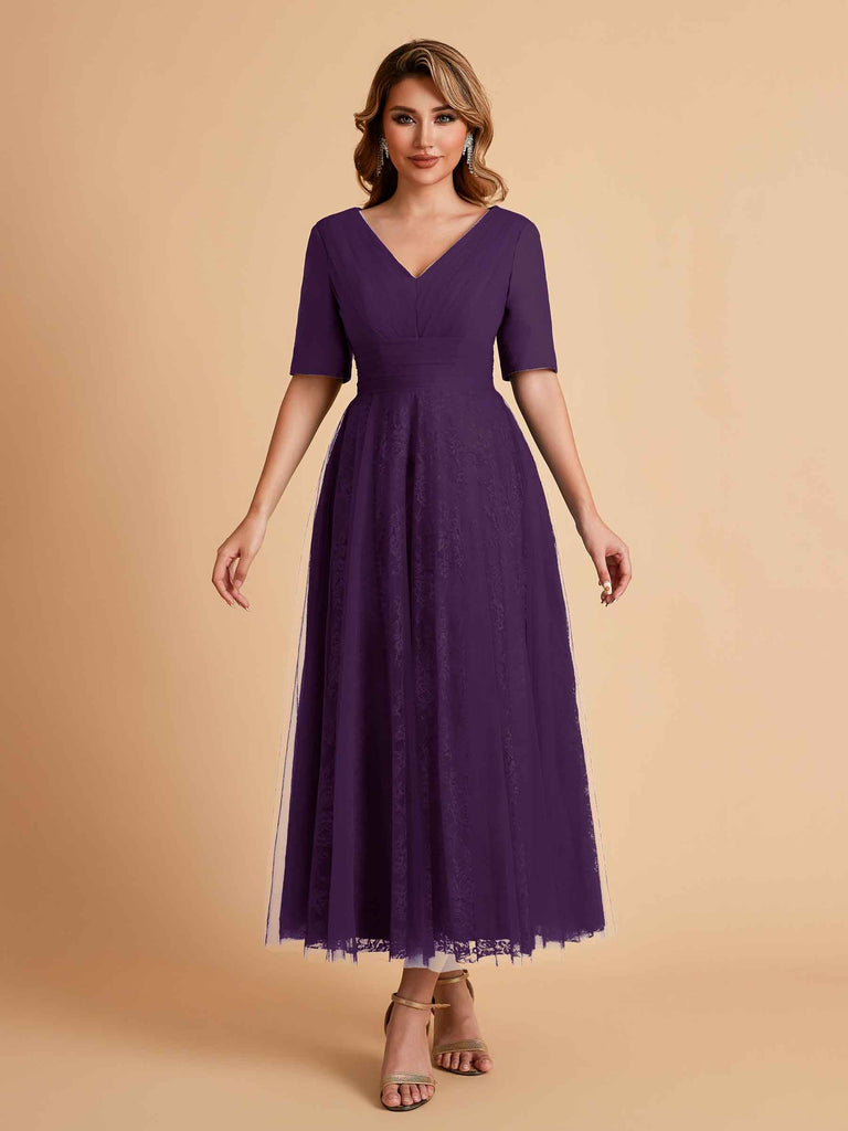 Elegant A-line Short Sleeves Tulle Lace V-neck Maxi Mother of the Brides Dresses Online UK