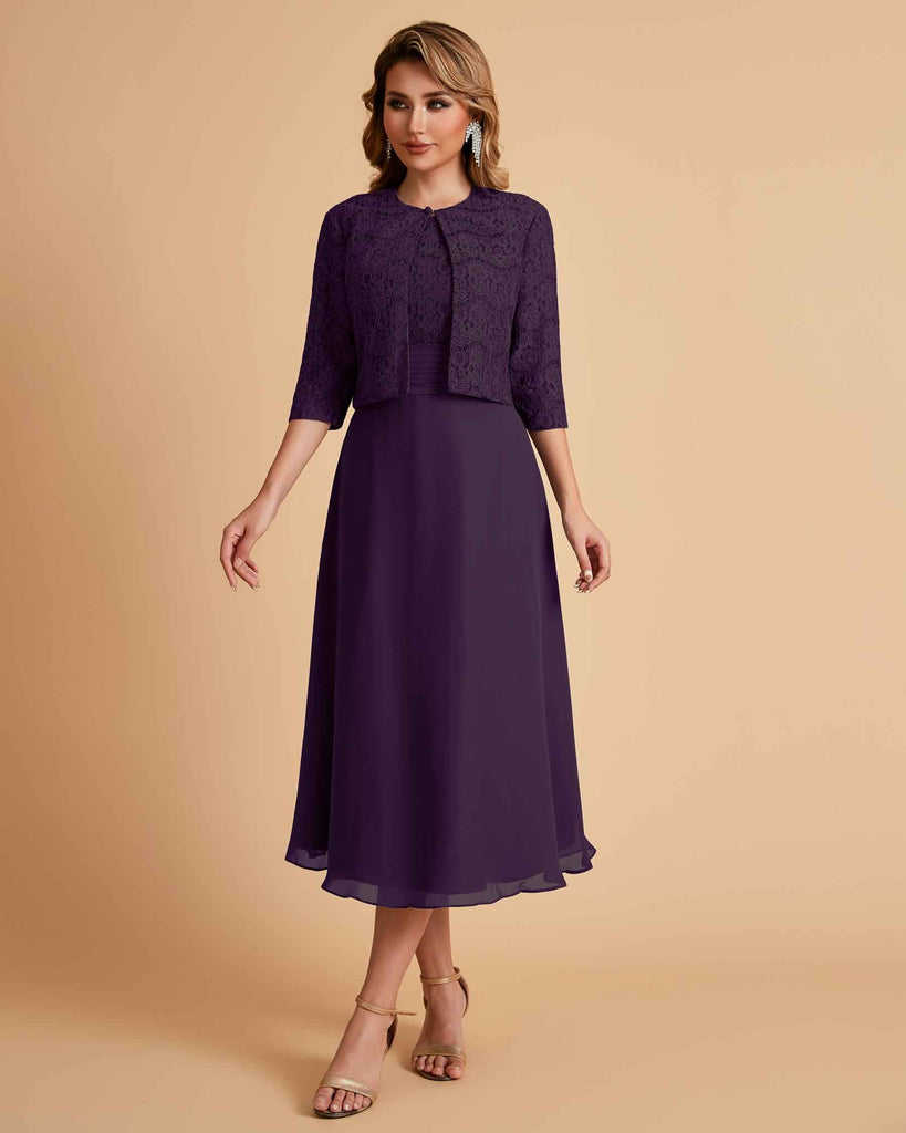 Elegant A-line Bateau Sleeveless Tea Length Short Mother of the Brides Dresses and Jacket