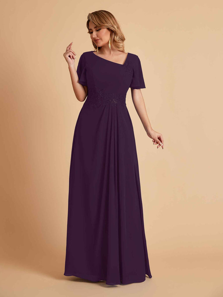 Elegant A-Line Chiffon Short Sleeves V-Neck Mother of the Brides Dresses Online
