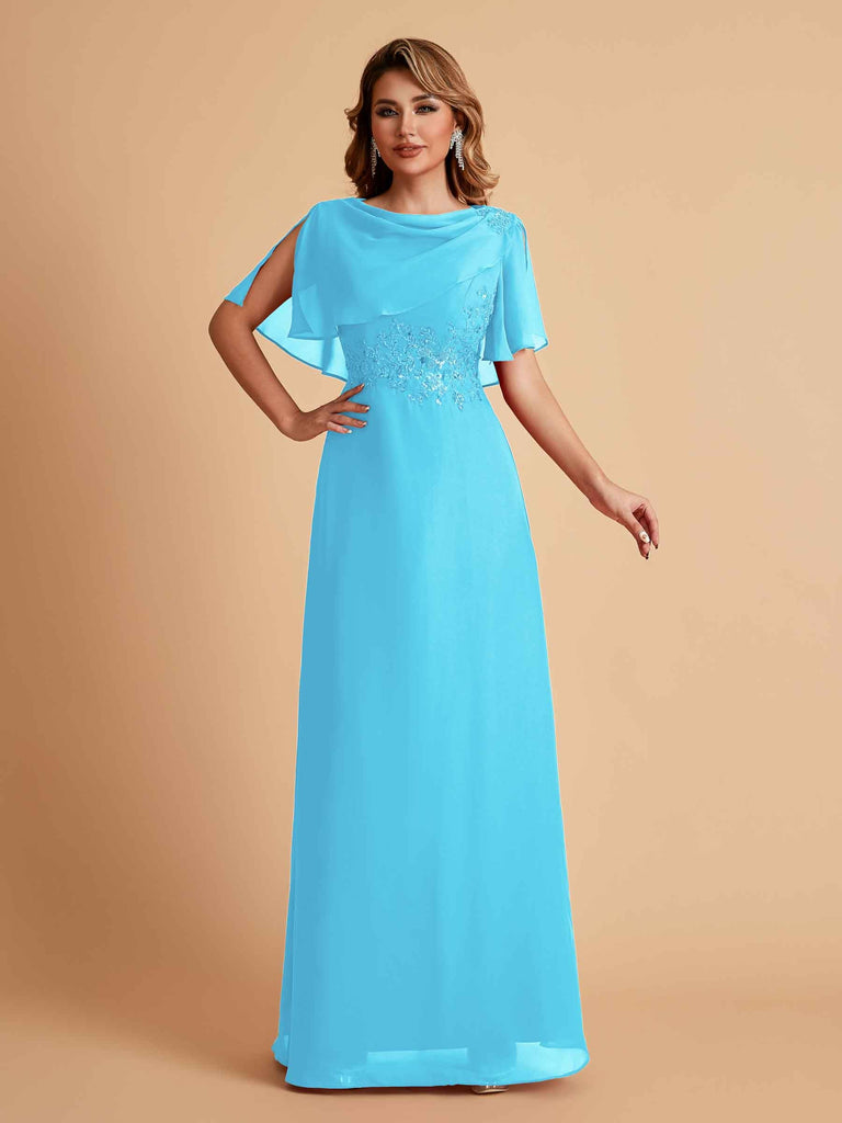 Elegant A-Line Chiffon Half Sleeves Cowl Neck Mother of the Brides Dresses Online UK