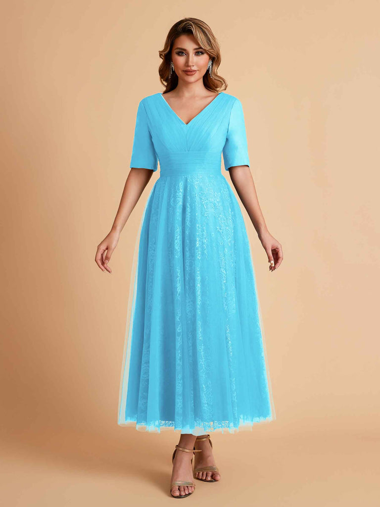 Elegant A-line Short Sleeves Tulle Lace V-neck Maxi Mother of the Brides Dresses Online UK
