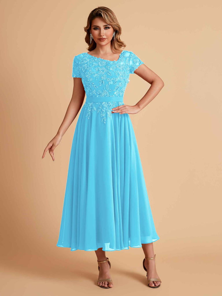 Elegant Chiffon Short Sleeves Short Midi Mother of the Brides Dresses UK Online