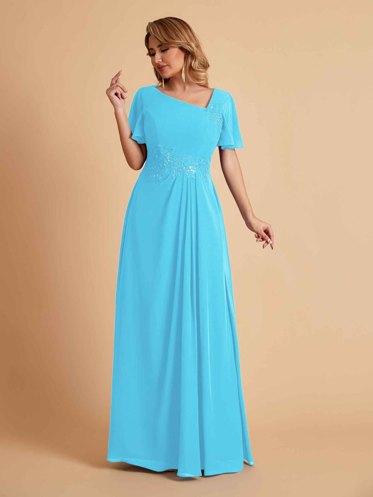 Elegant A-Line Chiffon Short Sleeves V-Neck Mother of the Brides Dresses Online