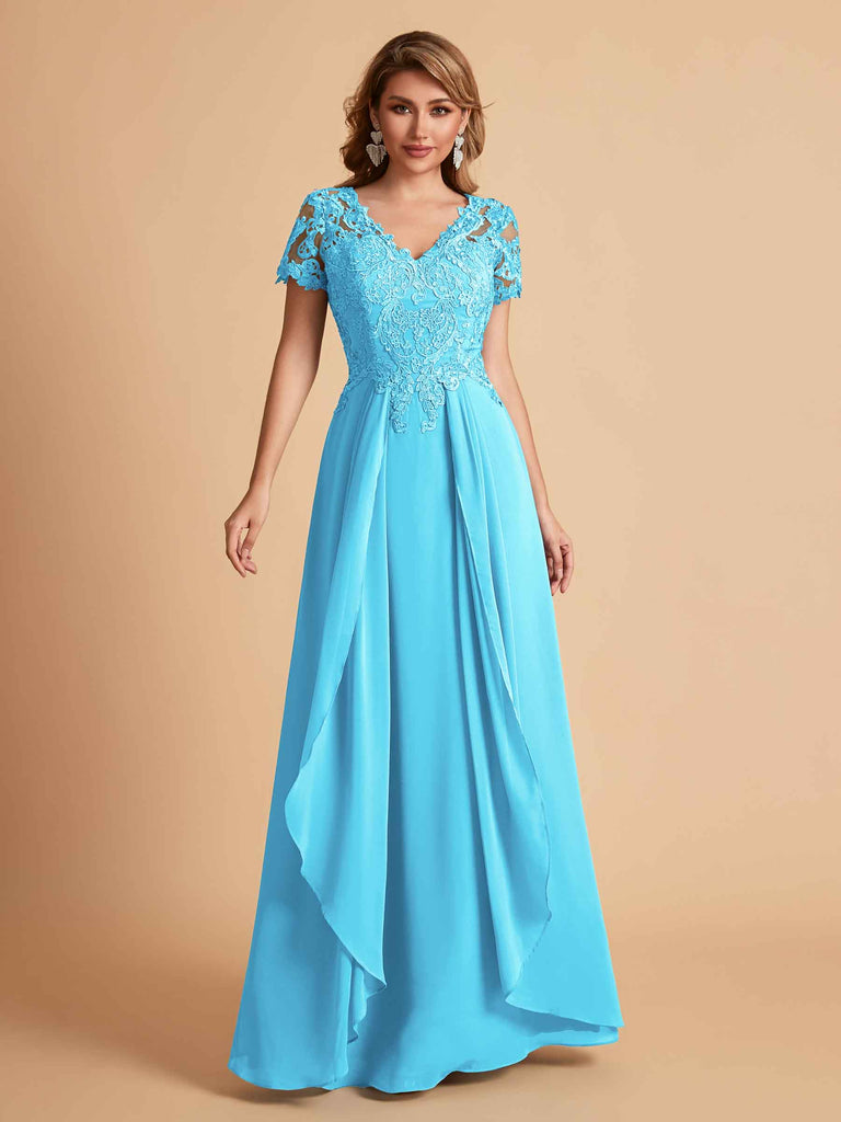 Chiffon Short Sleeves V-neck Lace Mother of the Brides Dresses UK