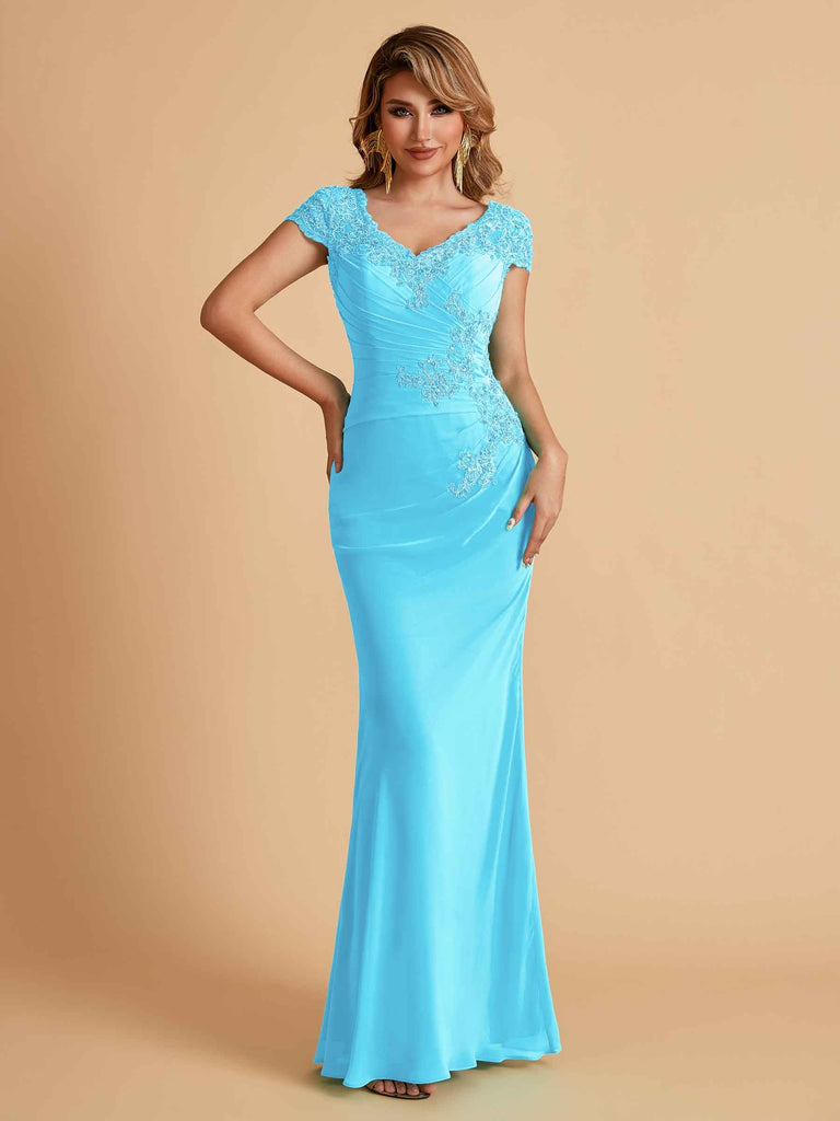 Elegant Mermaid Chiffon Cap Sleeves V-Neck Lace Mother of the Brides Dresses Online UK