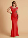 Elegant Mermaid Chiffon Cap Sleeves V-Neck Lace Mother of the Brides Dresses Online UK